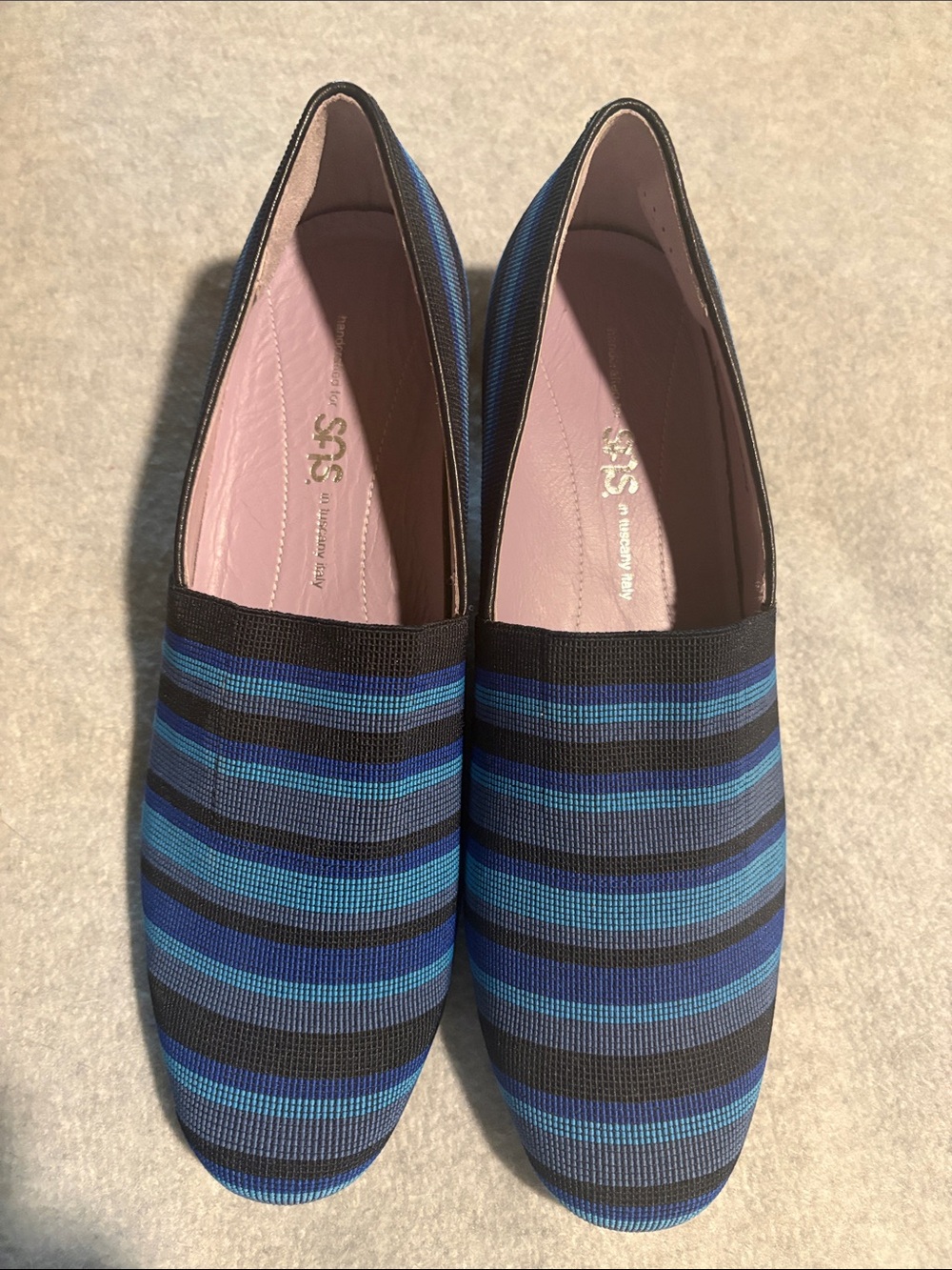 SAS Women's Brenda Blue Strip Block Heel Slip Ons 9.5 W Wide NWOT